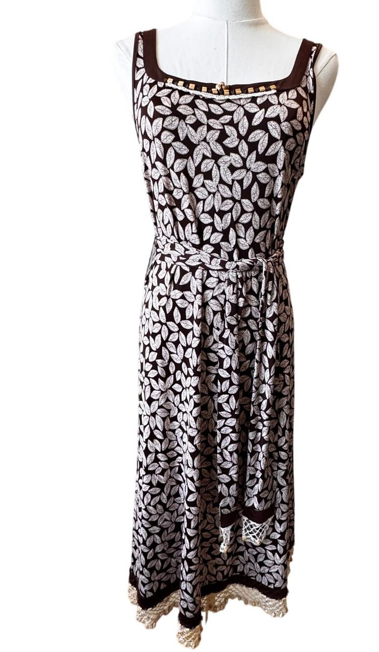 Vintage Oscar de la Renta Leaf Print Midi Dress Crochet Beaded Trim Sz M Y2K